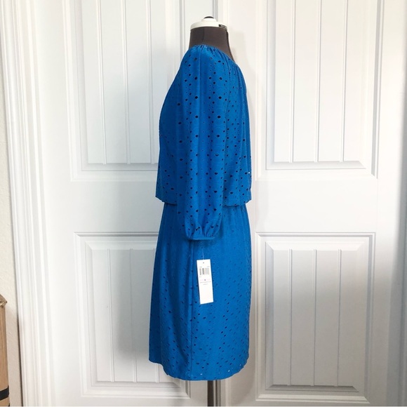 London Times 3/4 Sleeve Jersey Front Keyhole Blue Perforated Line Dress 6 - Picture 4 of 11